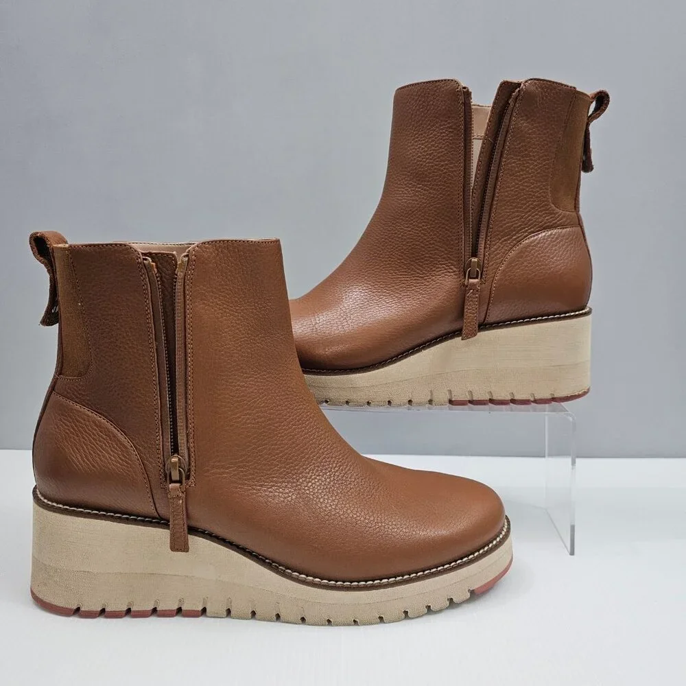 Cole Haan Zerogrand City Ankle Boot Womens 11 Tan Leather Waterproof Wedge